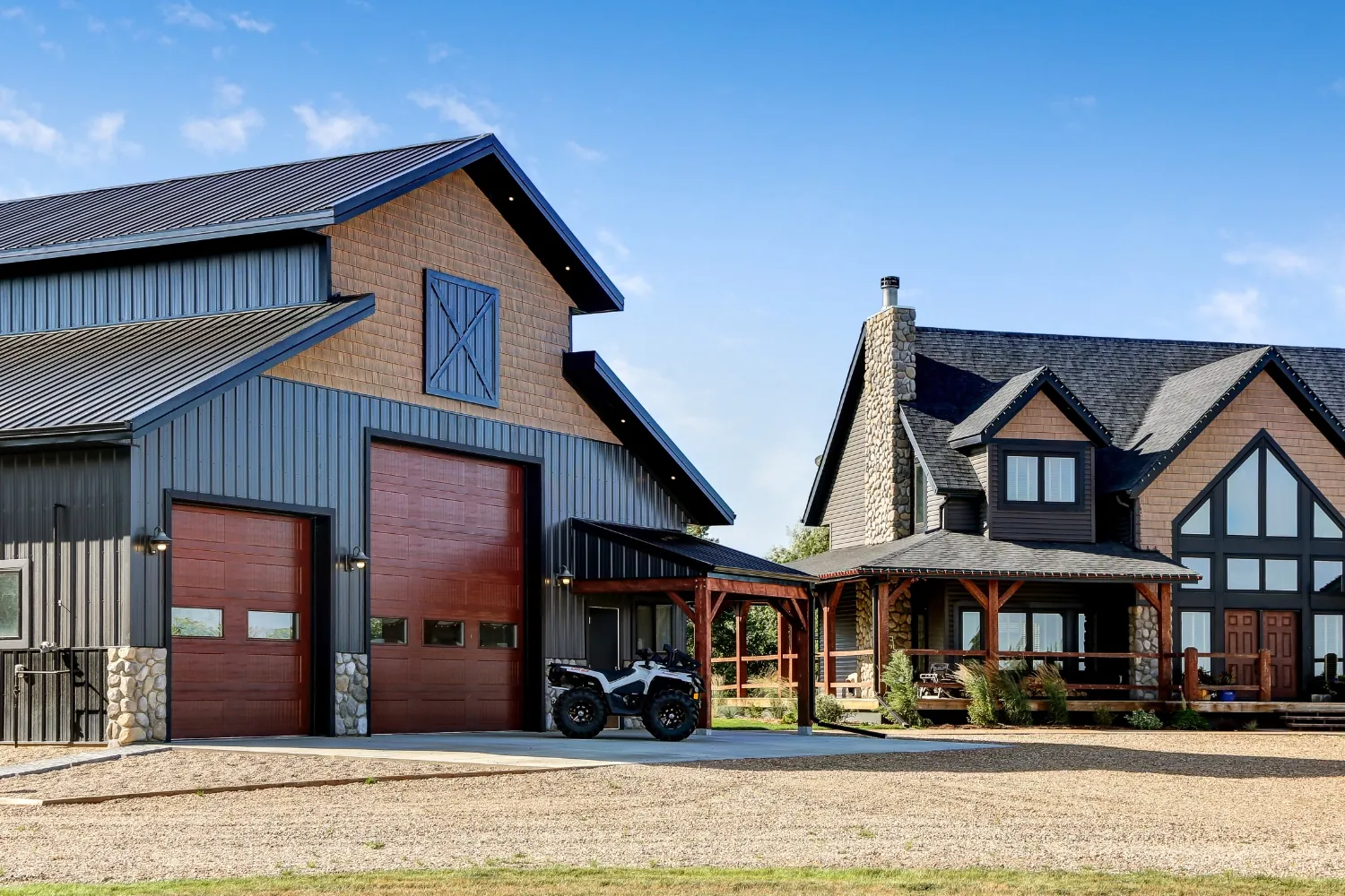 A monitor-style shop has been masterfully designed to match the home on a upscale agreage.