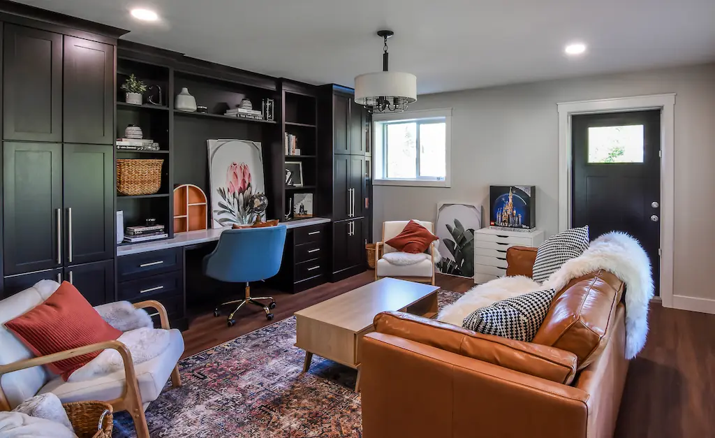 Modern office in a post frame hobby shop