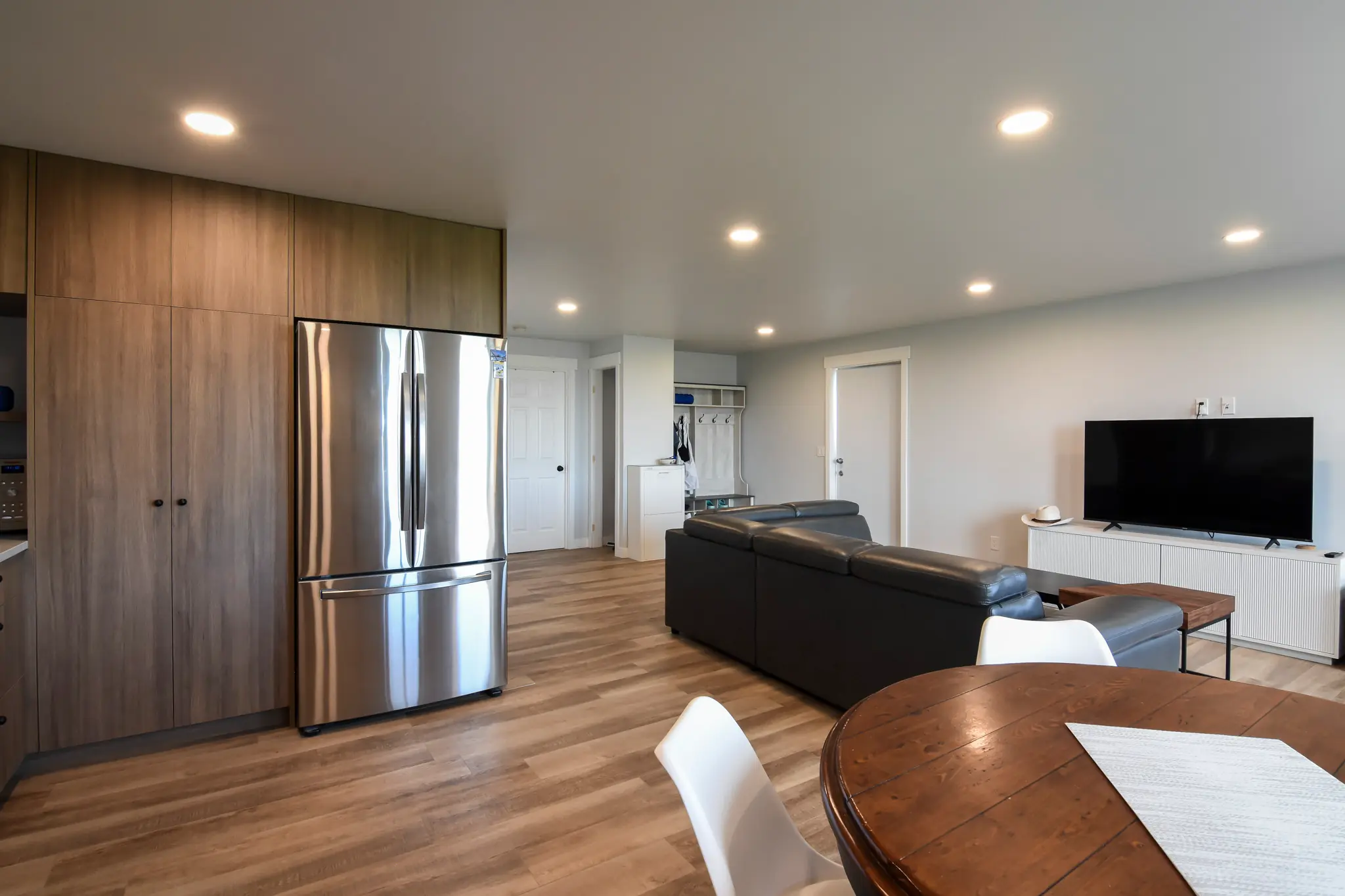 Kitchen and living room space of a modern guest suite in a 40' x 60' hobby shop