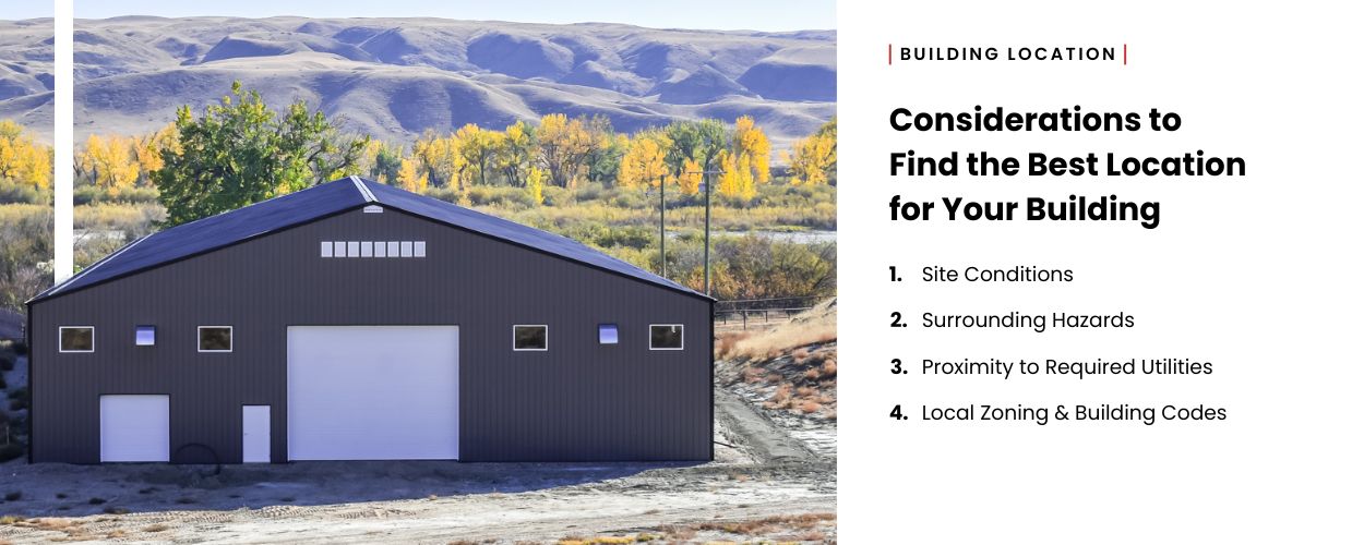 A riding arena in a rural setting with rolling Foothills as the background. The image presents key factors for choosing a building location 