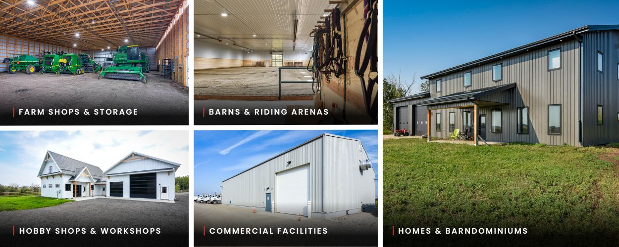 A collage showing common applications of post frame buildings, including, farms, acreages, equestrian, commercial, and residential