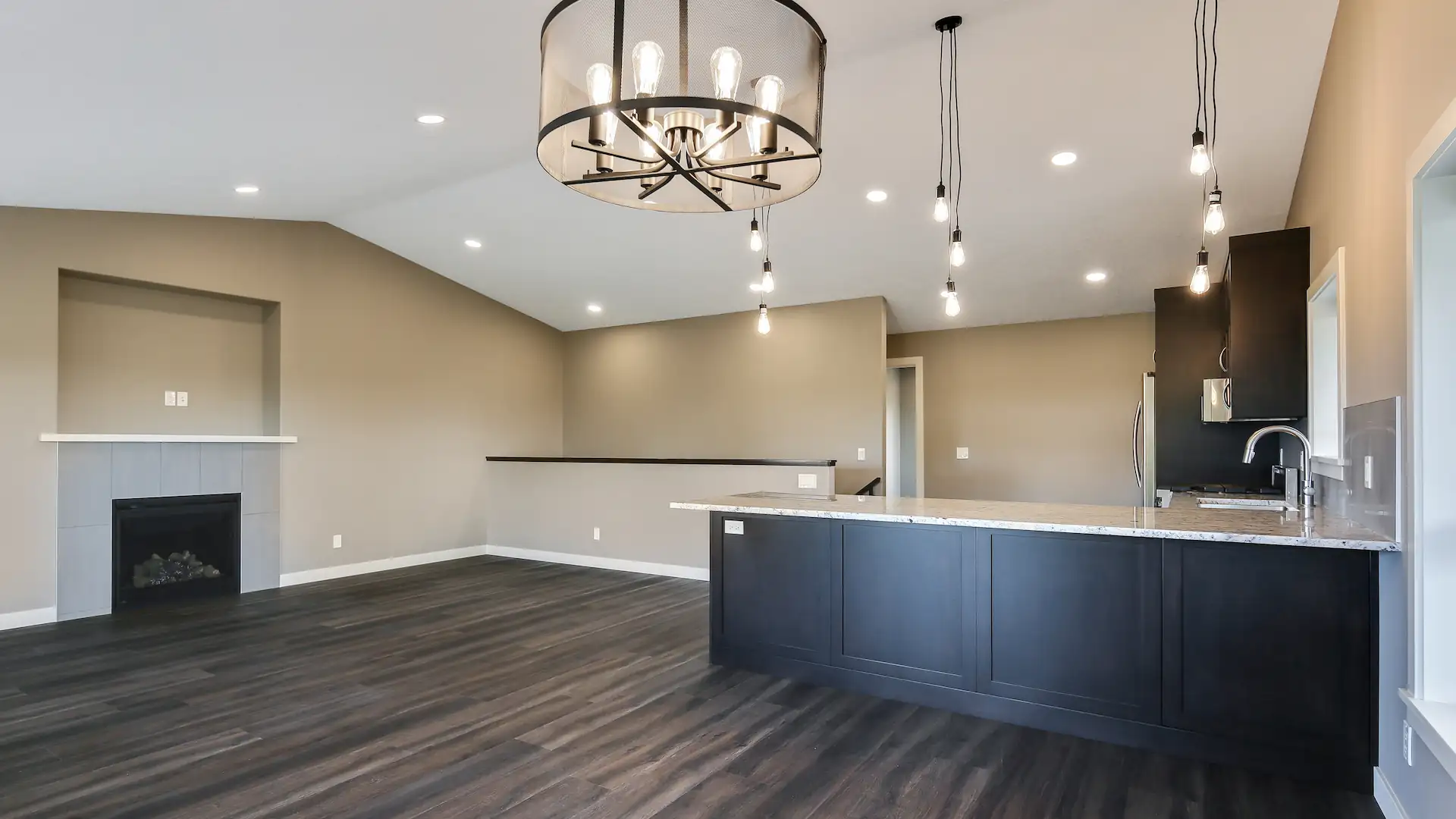 Open-concept shop home interior with a firepace