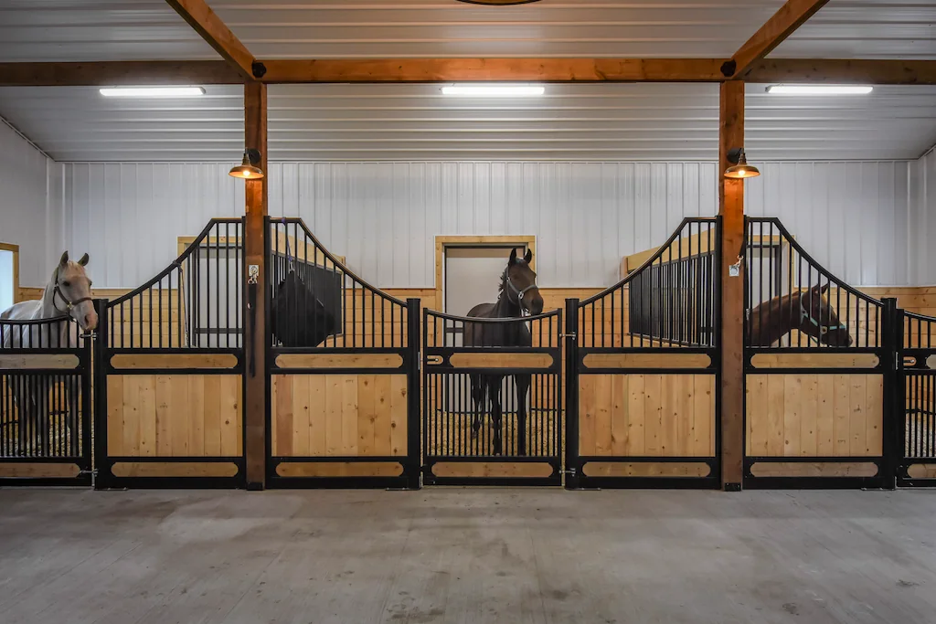 Three horses inside a barn with stalls and premium accents, like timber beams