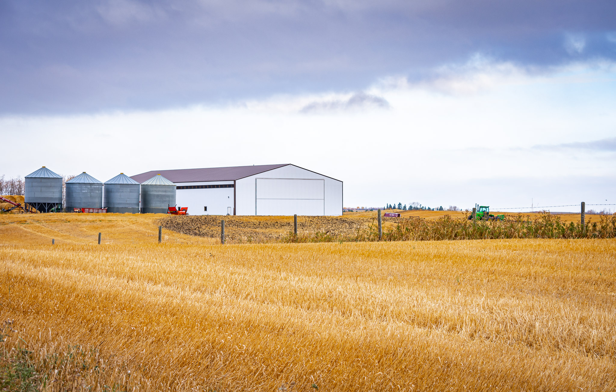A post frame cold storage building nestled next to grain bins on an Alberta farm.