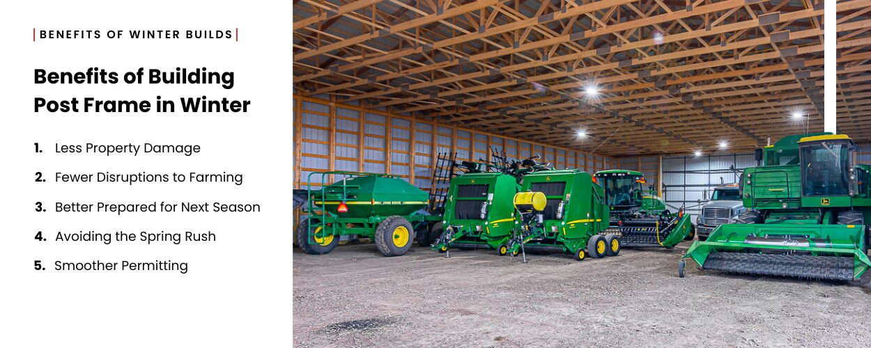 A full fleet of farm implements parked indoors in a post frame machine shed. The image is titled 'Benefits of Building Post Frame in Winter'.