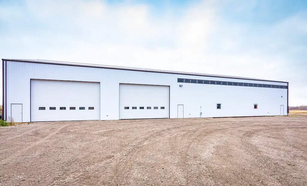 Broadside of a 152' foot long cold storage building for farm equipment