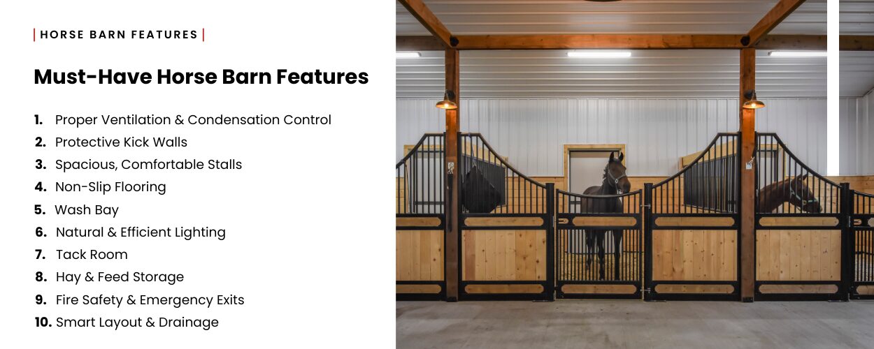 A horse barn feature graphic that lists 10 important features to include for horse safety, comfort, and rider enjoyment
