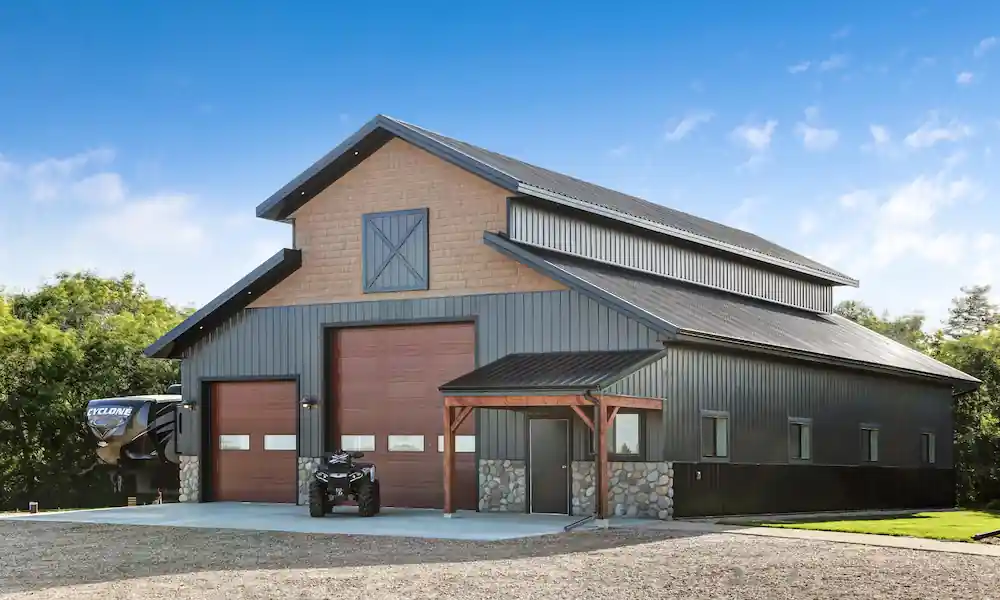 Highly detailed acreage building with features that show off customization potential of post frame construction