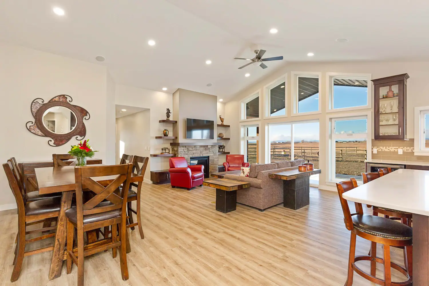 Open concept kitchen-living area in barndominium house