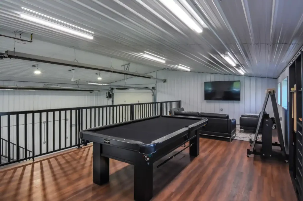 Upper Floor Of A Post Frame Building Hobby Shop With A Pool Table And Seating Area